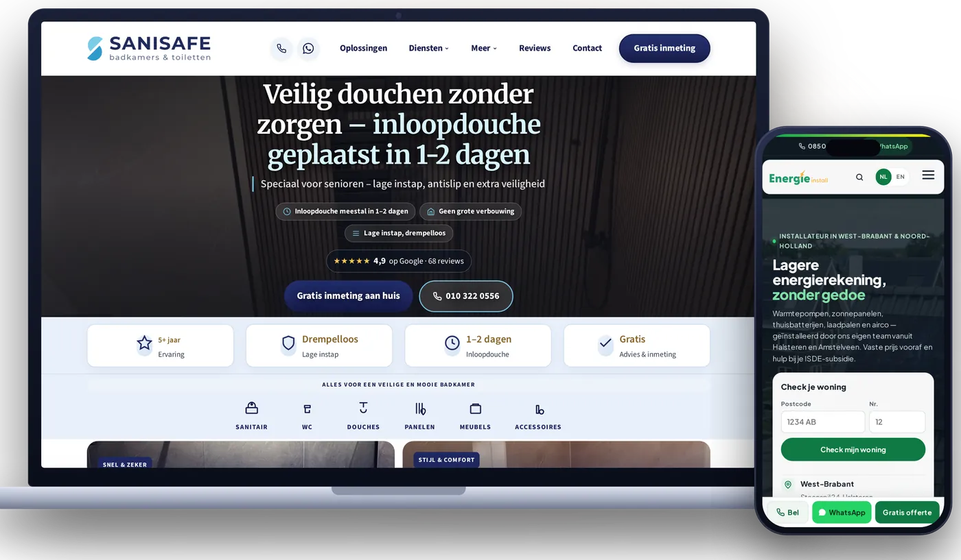 Echte klantsites van SaniSafe Badkamers (laptop) en Energie Install (telefoon)